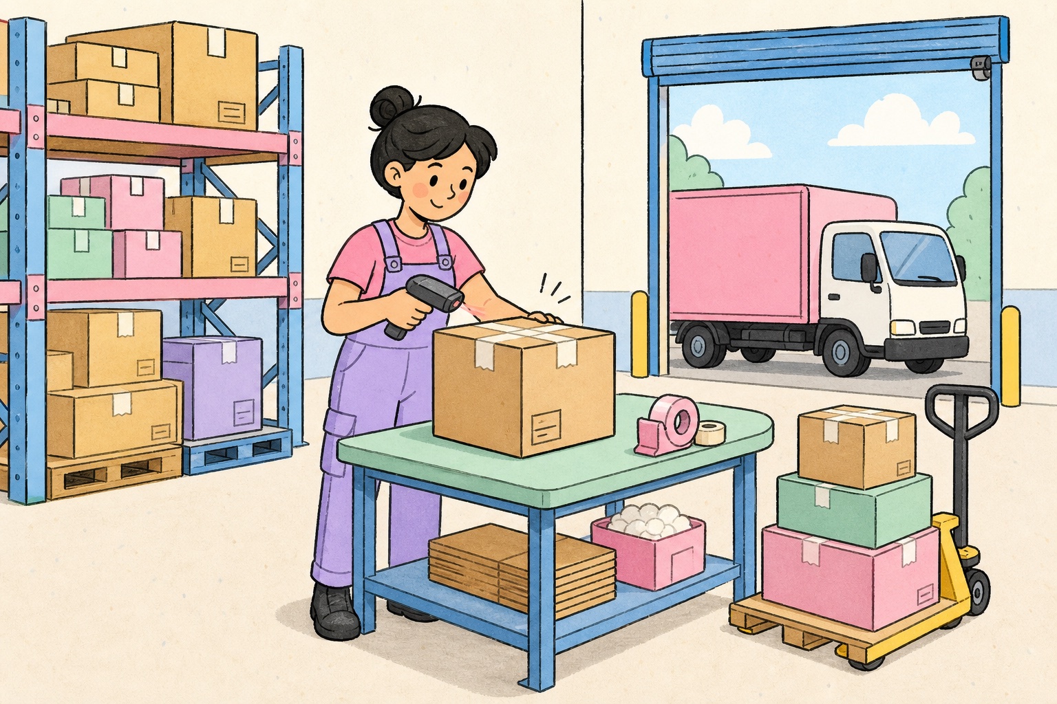 Una trabajadora preparando y escaneando pedidos en el almacén